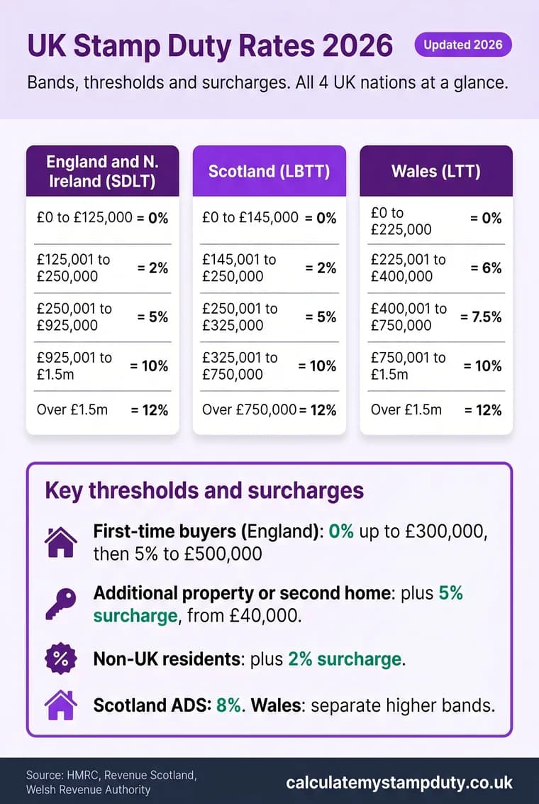 UK stamp duty rates 2026 at a glance: SDLT bands for England and Northern Ireland, LBTT bands for Scotland and LTT bands for Wales, plus first-time buyer, additional property and non-resident surcharges