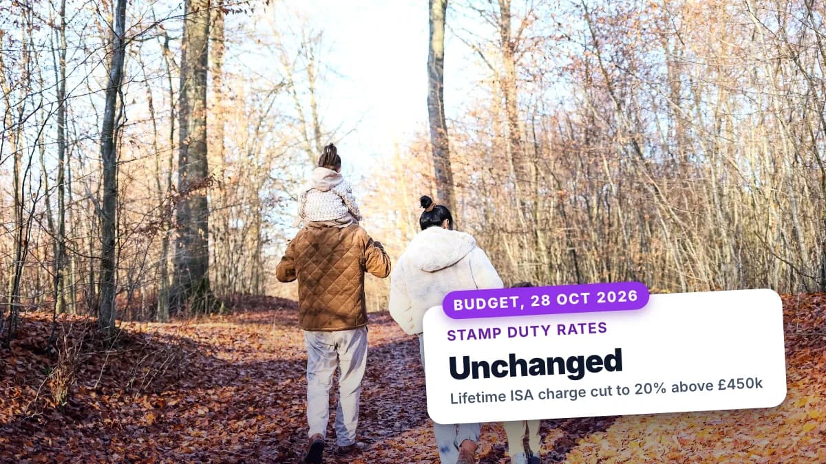 A family walks through autumn woodland. A tag says stamp duty rates were unchanged at the Budget on 28 October 2026, and the Lifetime ISA charge was cut to 20% for homes above £450,000