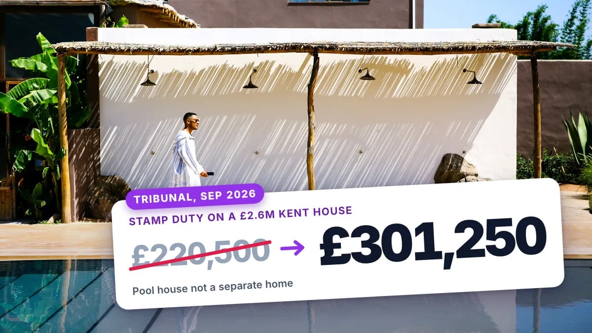 A man walks past a poolside outbuilding beside a swimming pool. A tag shows stamp duty on a £2.6m Kent house of £301,250, not the £220,500 the buyer claimed, after a tribunal ruled in September 2026 that the pool house was not a separate dwelling