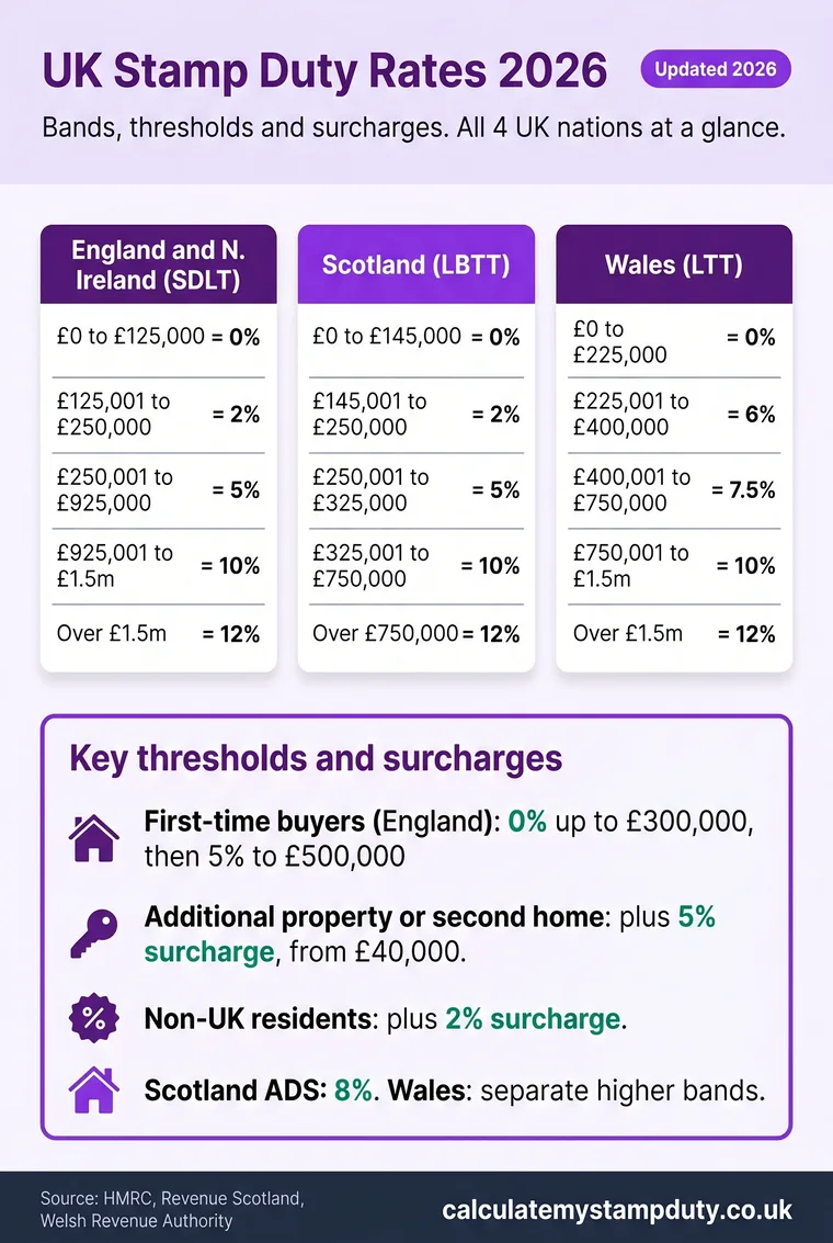 UK stamp duty rates 2026 at a glance: SDLT bands for England and Northern Ireland, LBTT bands for Scotland and LTT bands for Wales, plus first-time buyer, additional property and non-resident surcharges